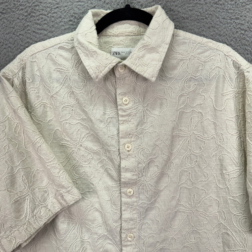 Zara Shirt Mens XL Cream Floral Embroidered Short Sleeve Button Up Cotton Linen
